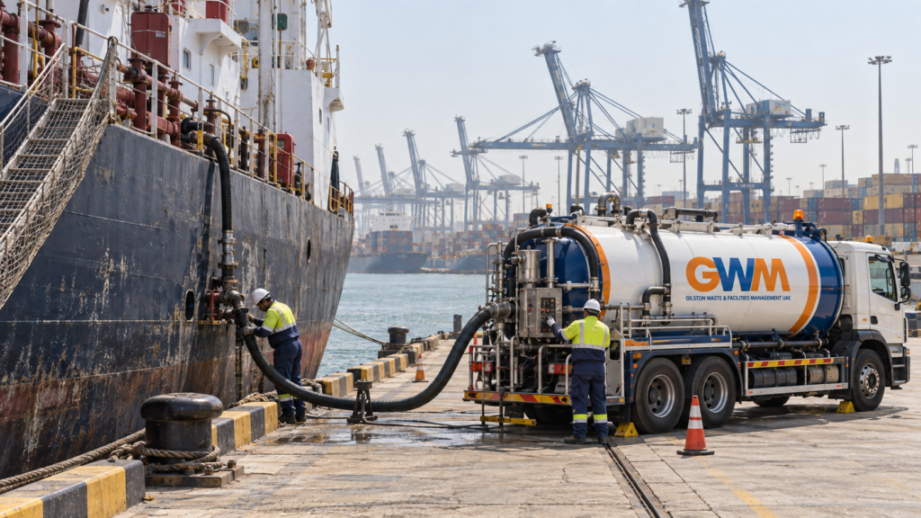Oily-water collection from a vessel alongside at a UAE port using a specialist vacuum tanker